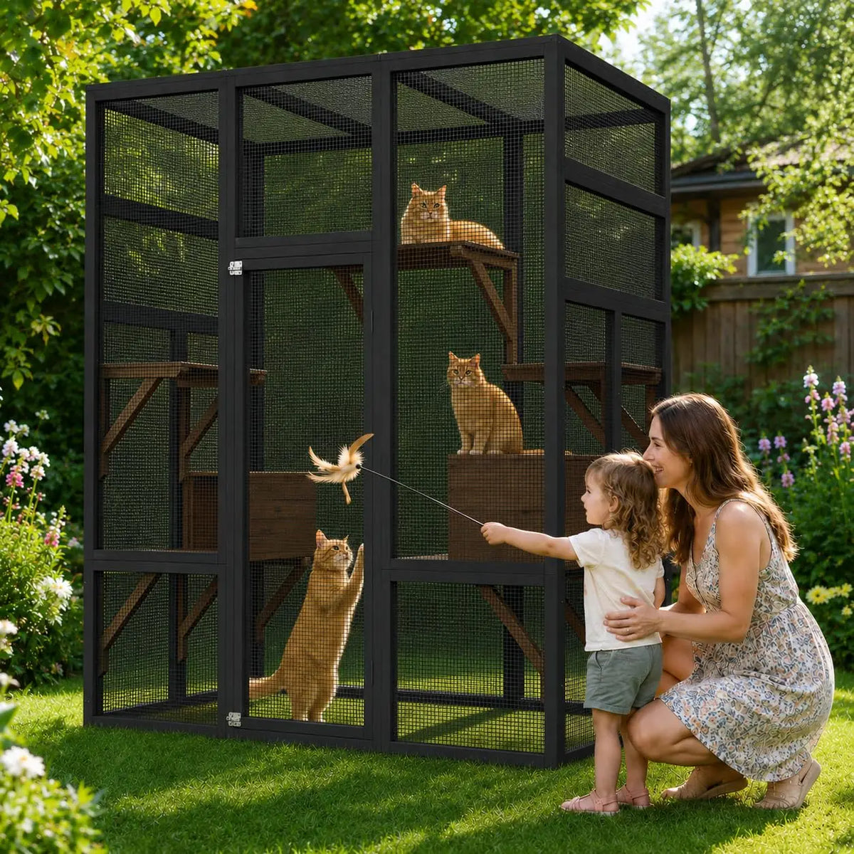 HiMISS Outdoor Wooden Catio Cat Enclosure With Climbing Platforms