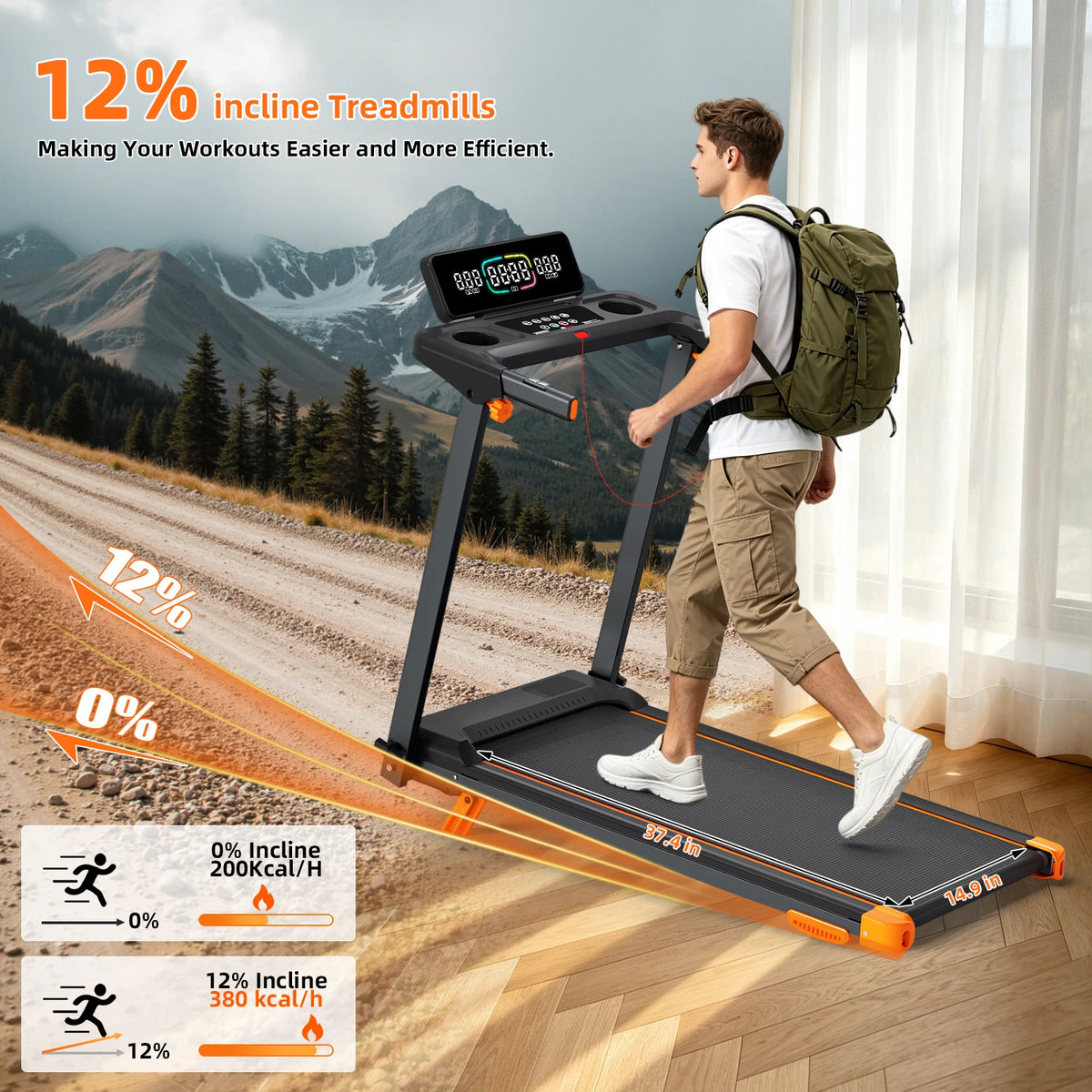 Foldable Walking Pad Treadmill With 12Percent Incline And Heart Sensor