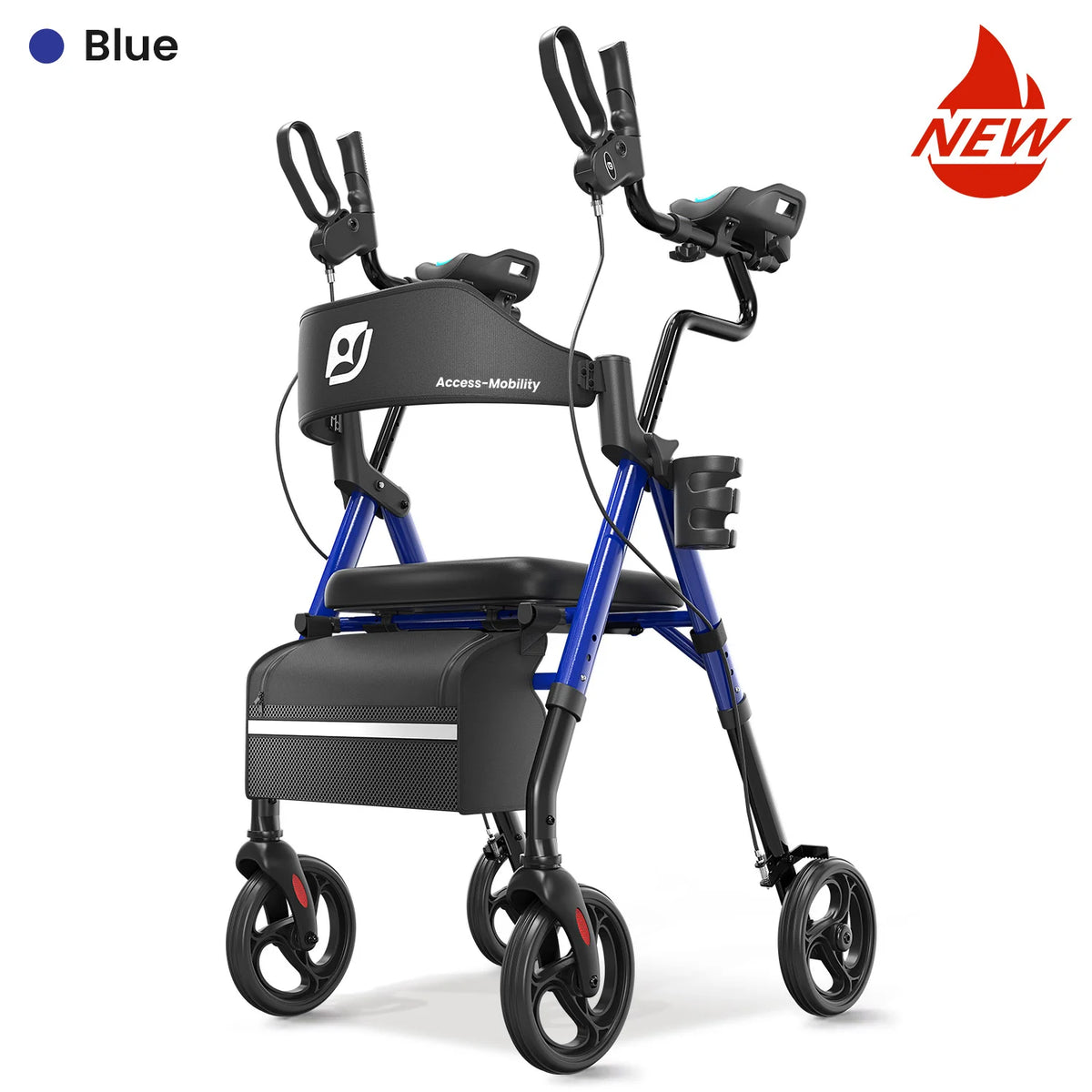 Upright Walker with PU Padded Seat and Backrest, Stand-Up Rollator for Seniors, Foldable Walker with Seat, Seat Size: 10*12