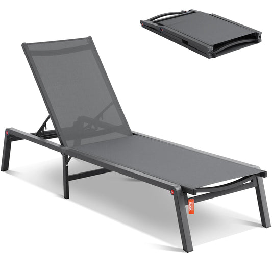SucceBuy Chaise Lounge Chair Outdoor Aluminum Patio LoungeFolding Pool Lounge Recliner Full Flat for Patio Beach Pool Dark Grey