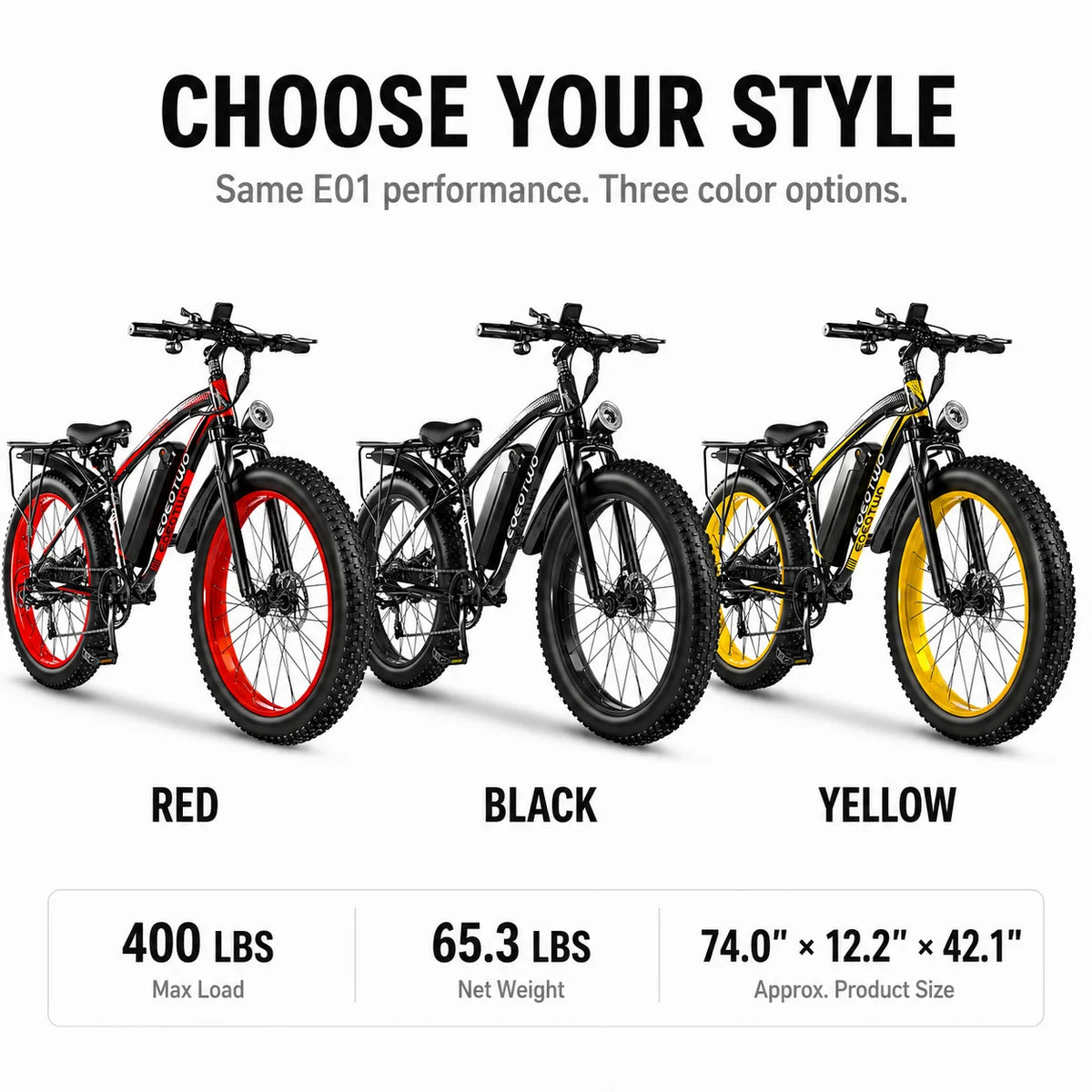 EOEOTWO 1000W Adult Fat Tire Electric Bike With Long Range