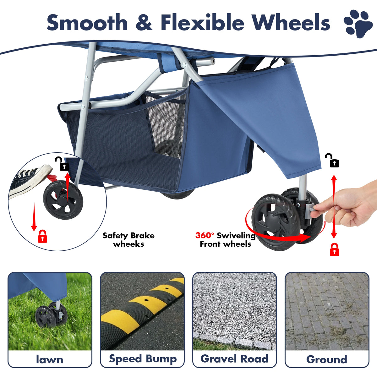 DUMOS Foldable Three Wheel Pet Stroller With Mesh Windows