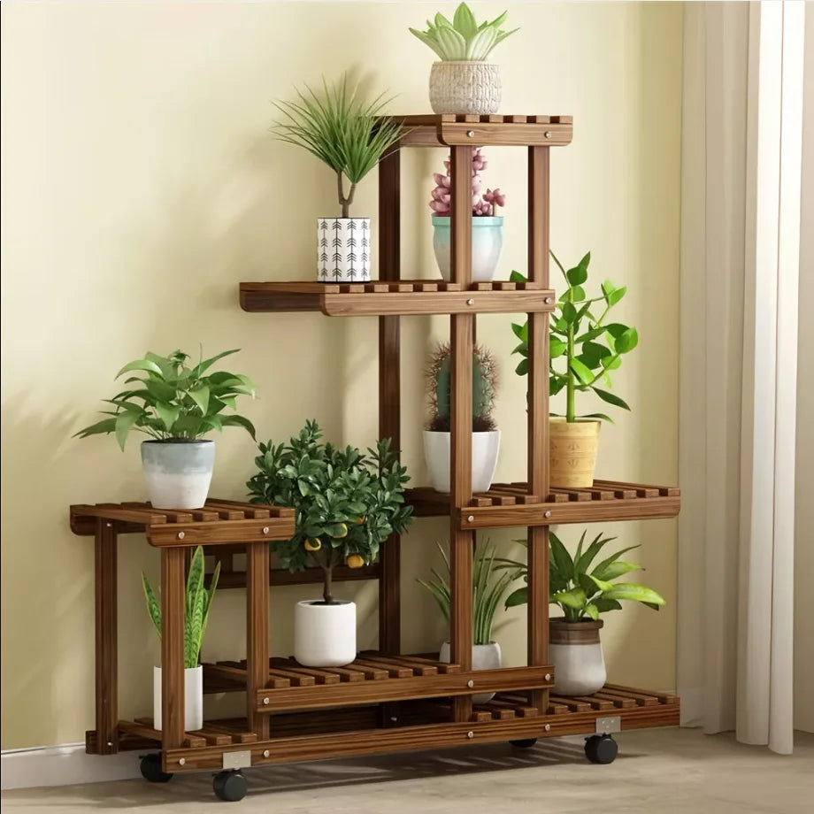 Wisfor Five Tier Wooden Plant Stand With Rolling Wheels