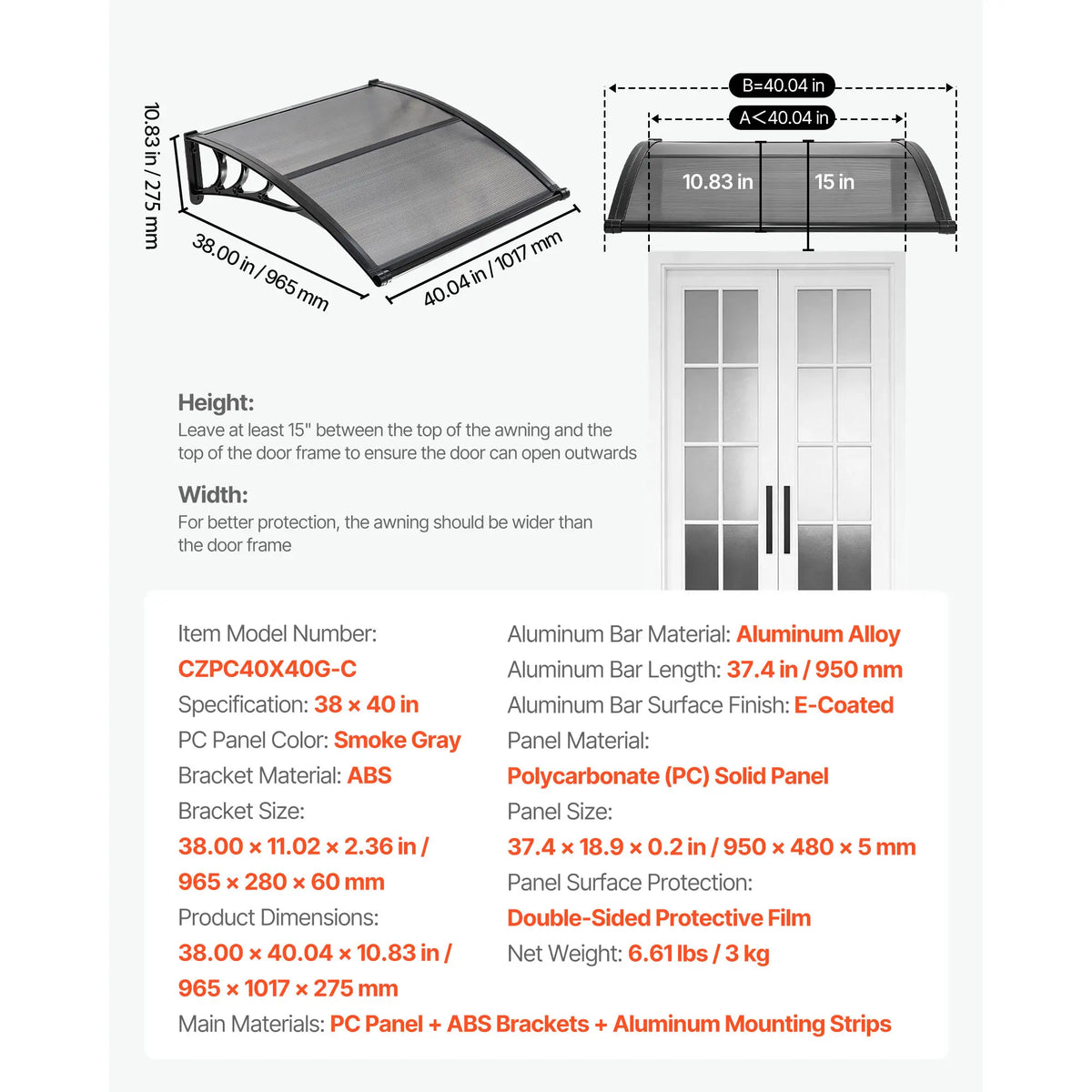 SucceBuy Awnings for Door Entrance Drainage & ABS Bracket Rain Snow Sun Protection Overhang Polycarbonate Door Canopy Gray/Brown