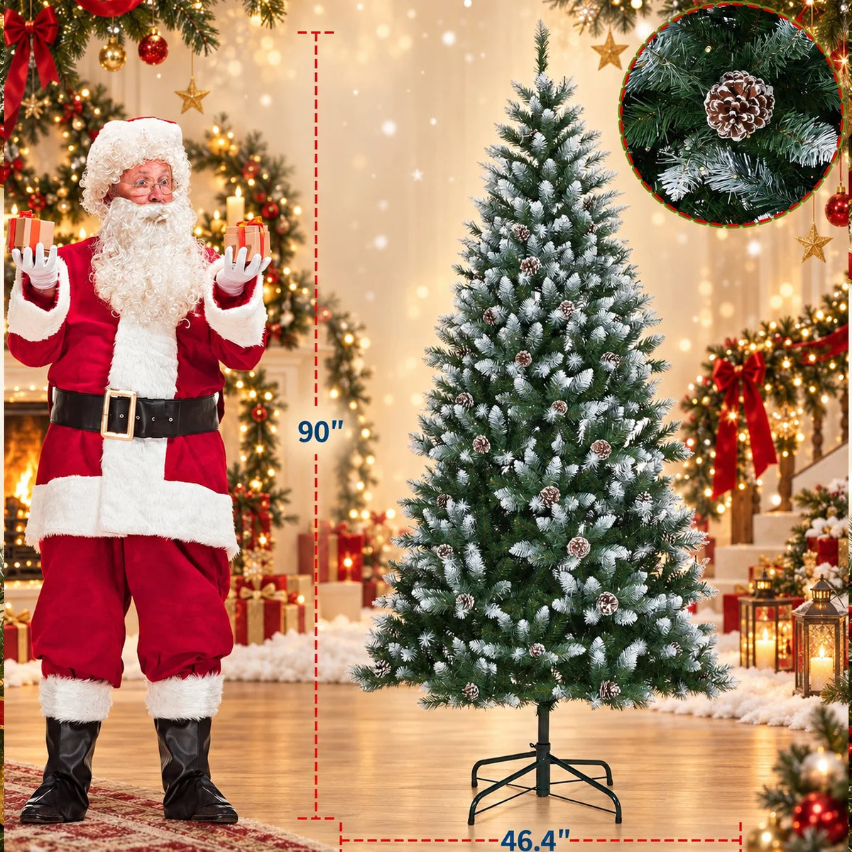 Pre-Lit Flocked Artificial Christmas Tree 6‘/9’ with Warm White LED Lights, Realistic Pine Branches, Snow Covered Xmas Tree, Slim Space Saving Design, Sturdy Metal Stand, Indoor Outdoor Holiday Decoration