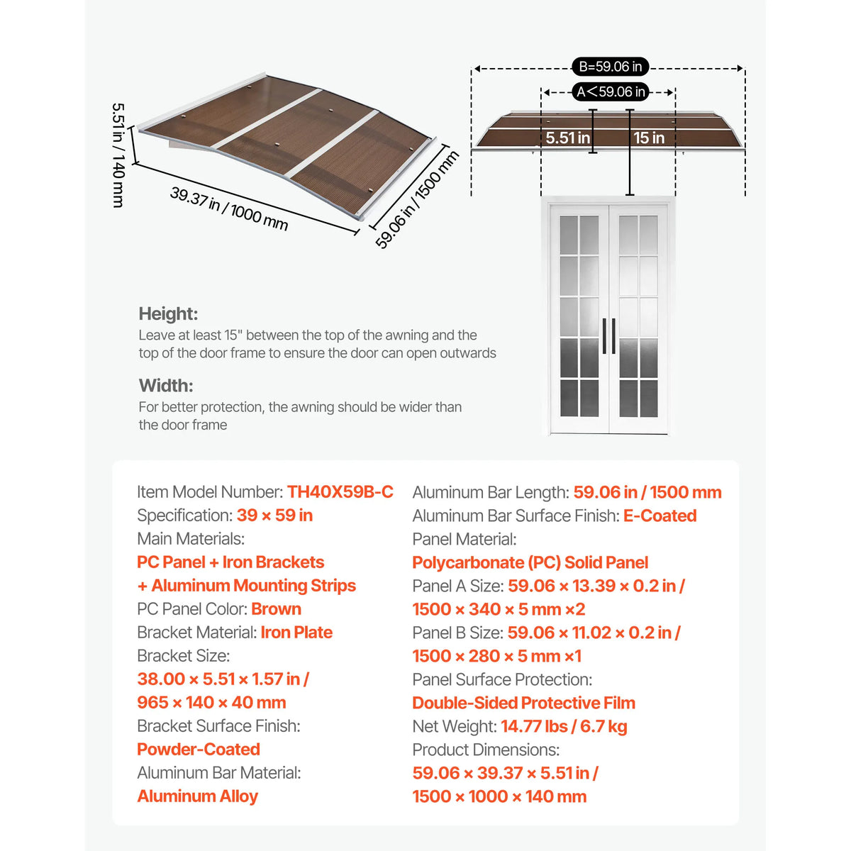 SucceBuy Awnings for Door Entrance Drainage & ABS Bracket Rain Snow Sun Protection Overhang Polycarbonate Door Canopy Gray/Brown